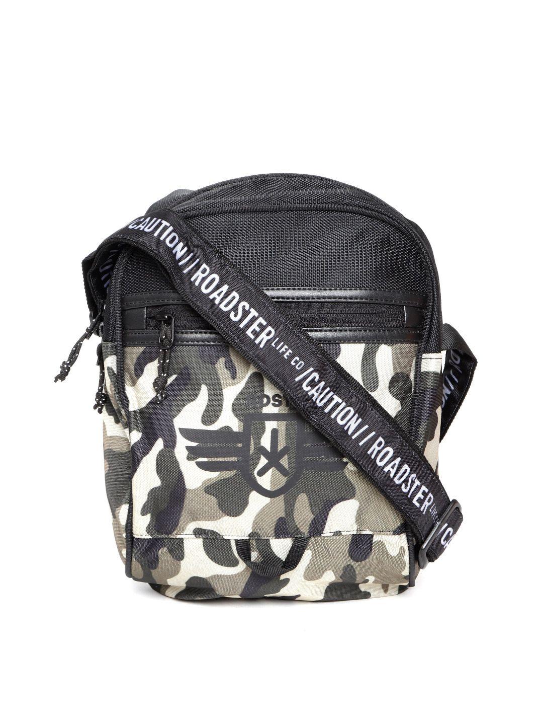 roadster unisex charcoal grey & cream camouflage print messenger bag