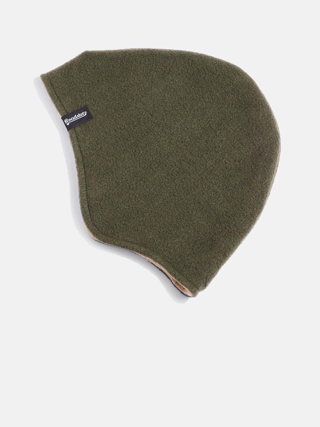 roadster unisex olive green & beige acrylic reversible beanie