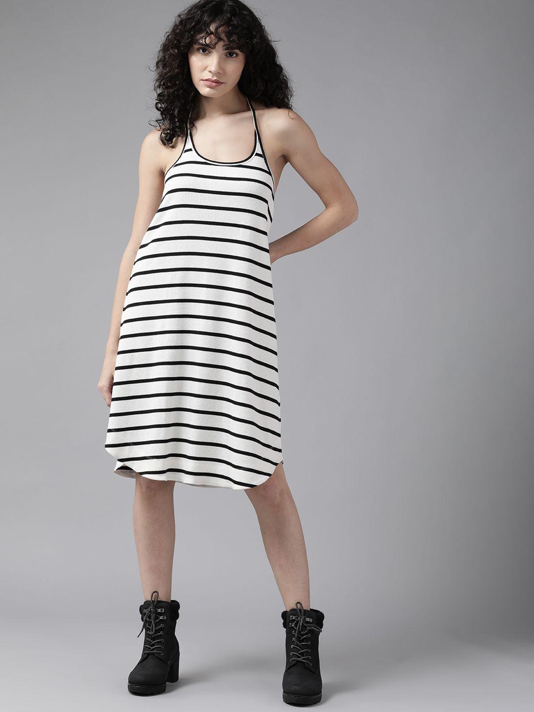 roadster white & black striped halter neck a-line dress