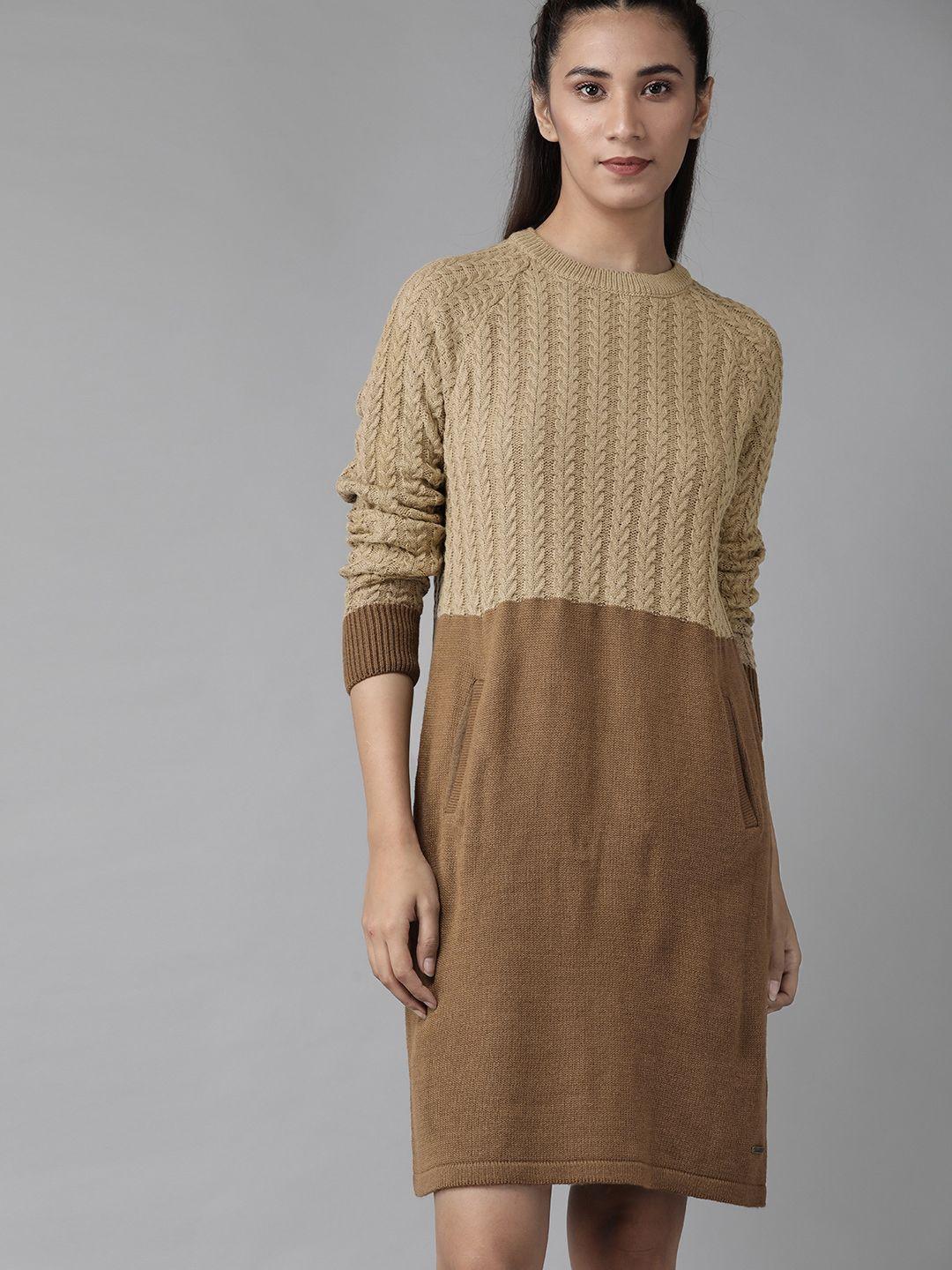 roadster women beige & brown colourblocked cable knitted jumper dress
