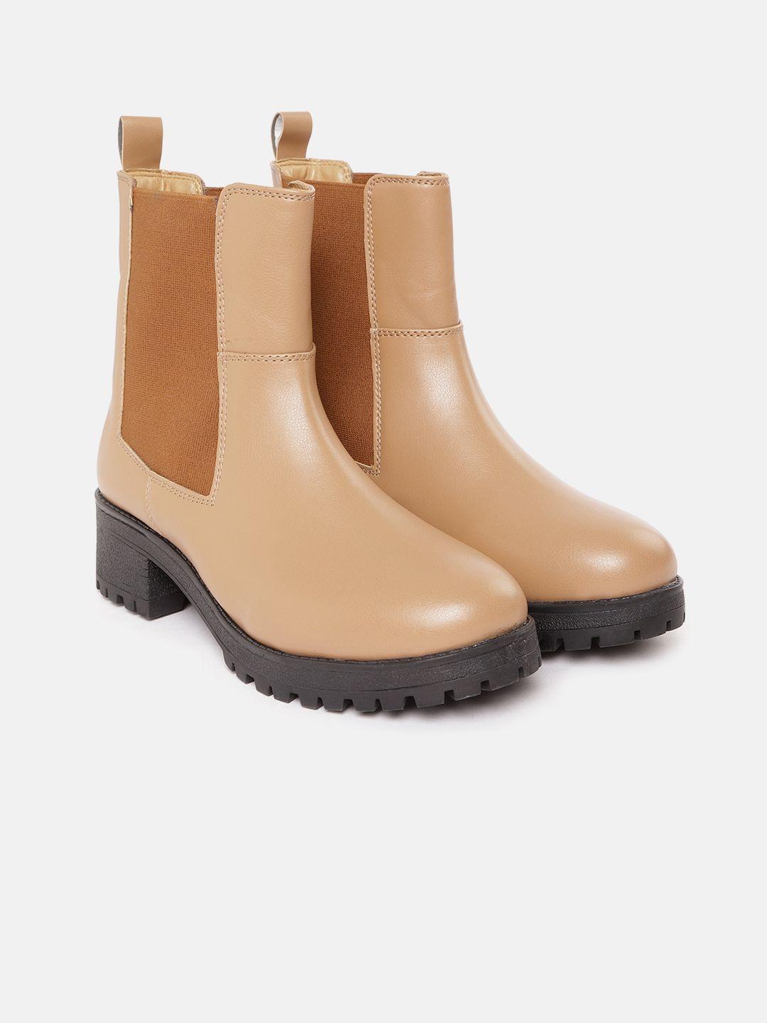 roadster women beige colourblocked mid-top chelsea boots