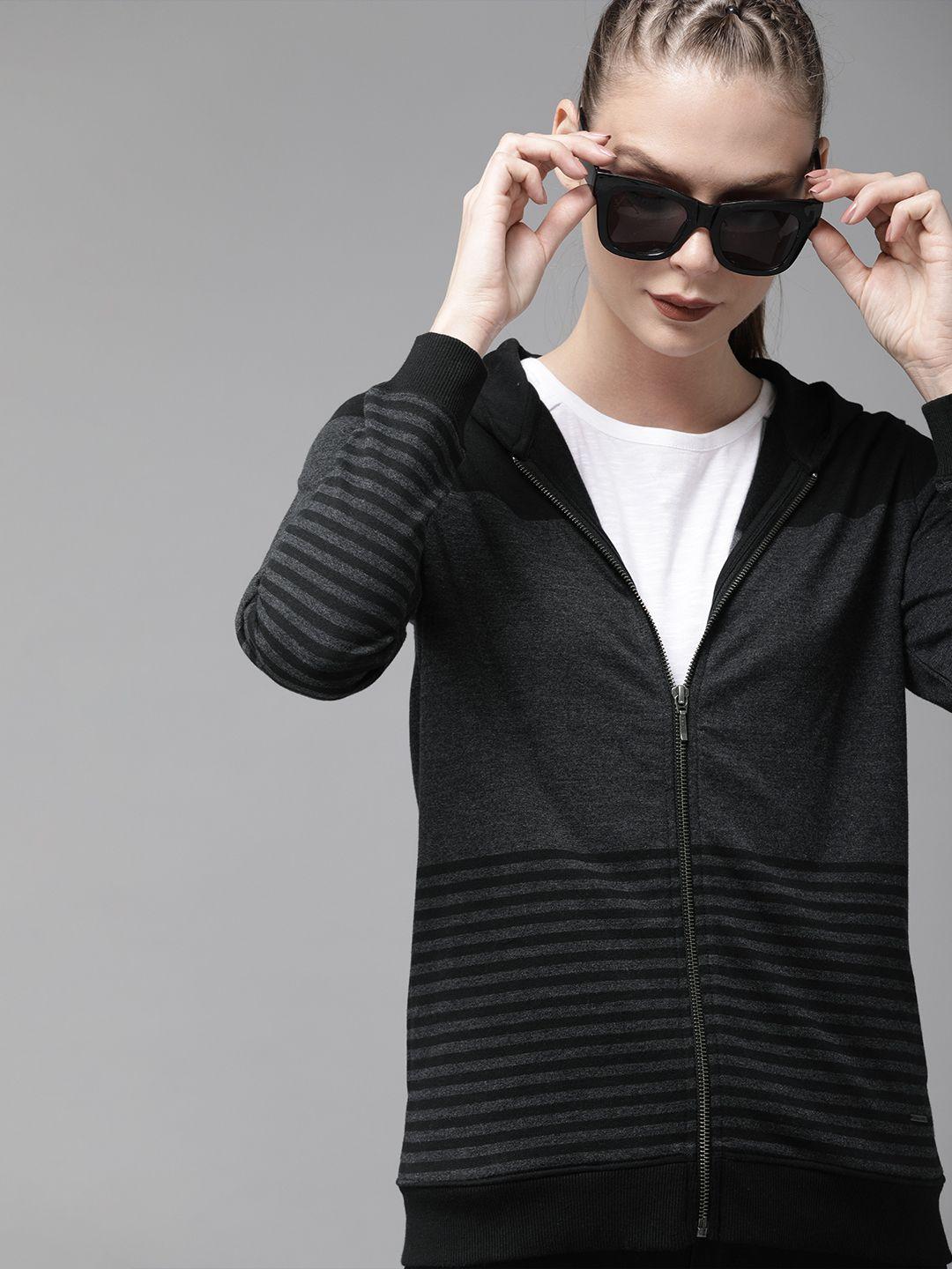 roadster women black & charcoal grey striped hooded sweatshirt