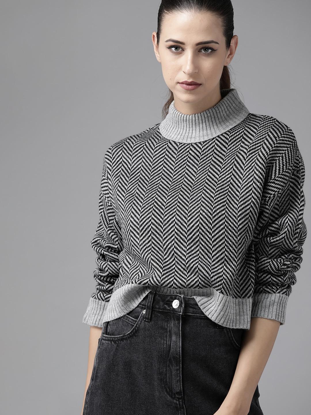 roadster women black & grey chevron design pullover