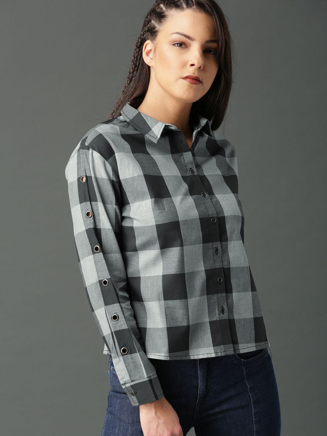 roadster women black & grey regular fit checked casual shirt