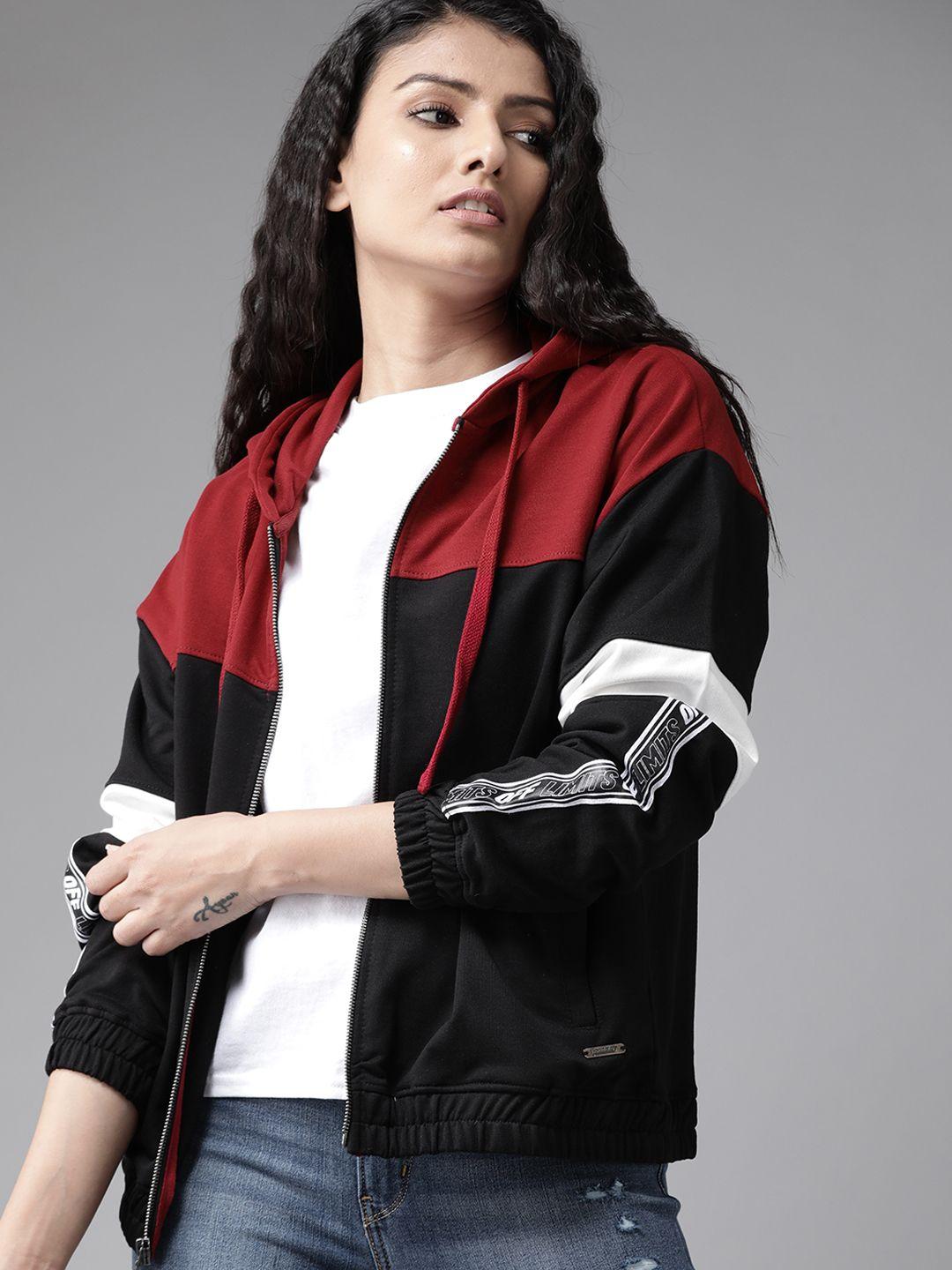 roadster women black & maroon colourblocked hooded sweatshirt