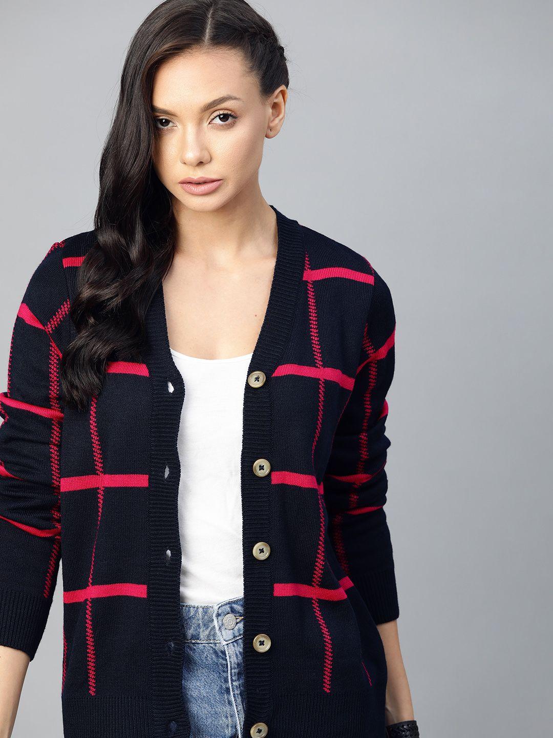 roadster women black & red checked cardigan