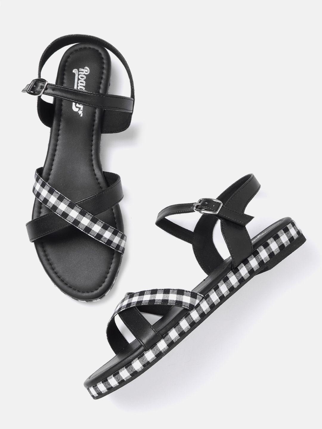 roadster women black & white checked open toe flats