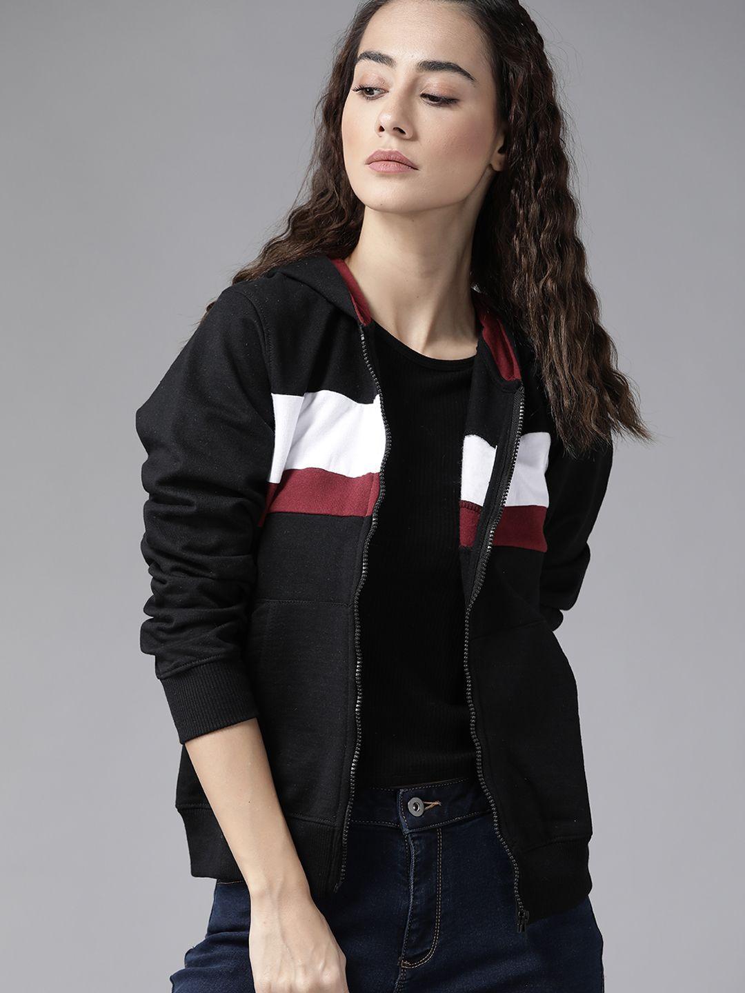 roadster women black & white striped hooded sweatshirt