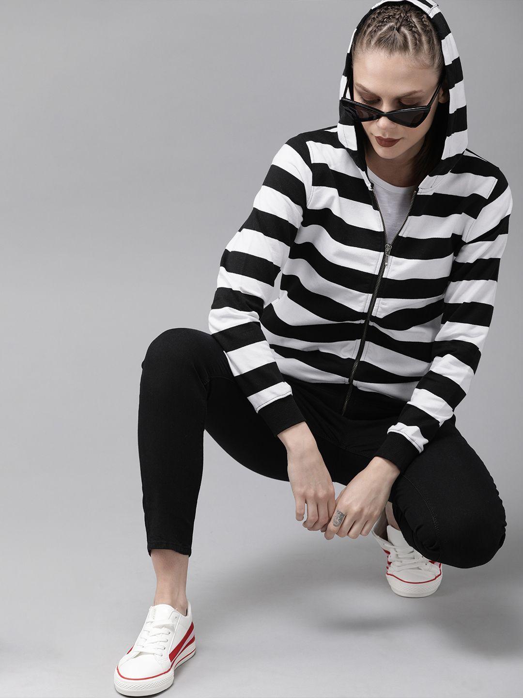 roadster women black & white striped hooded sweatshirt