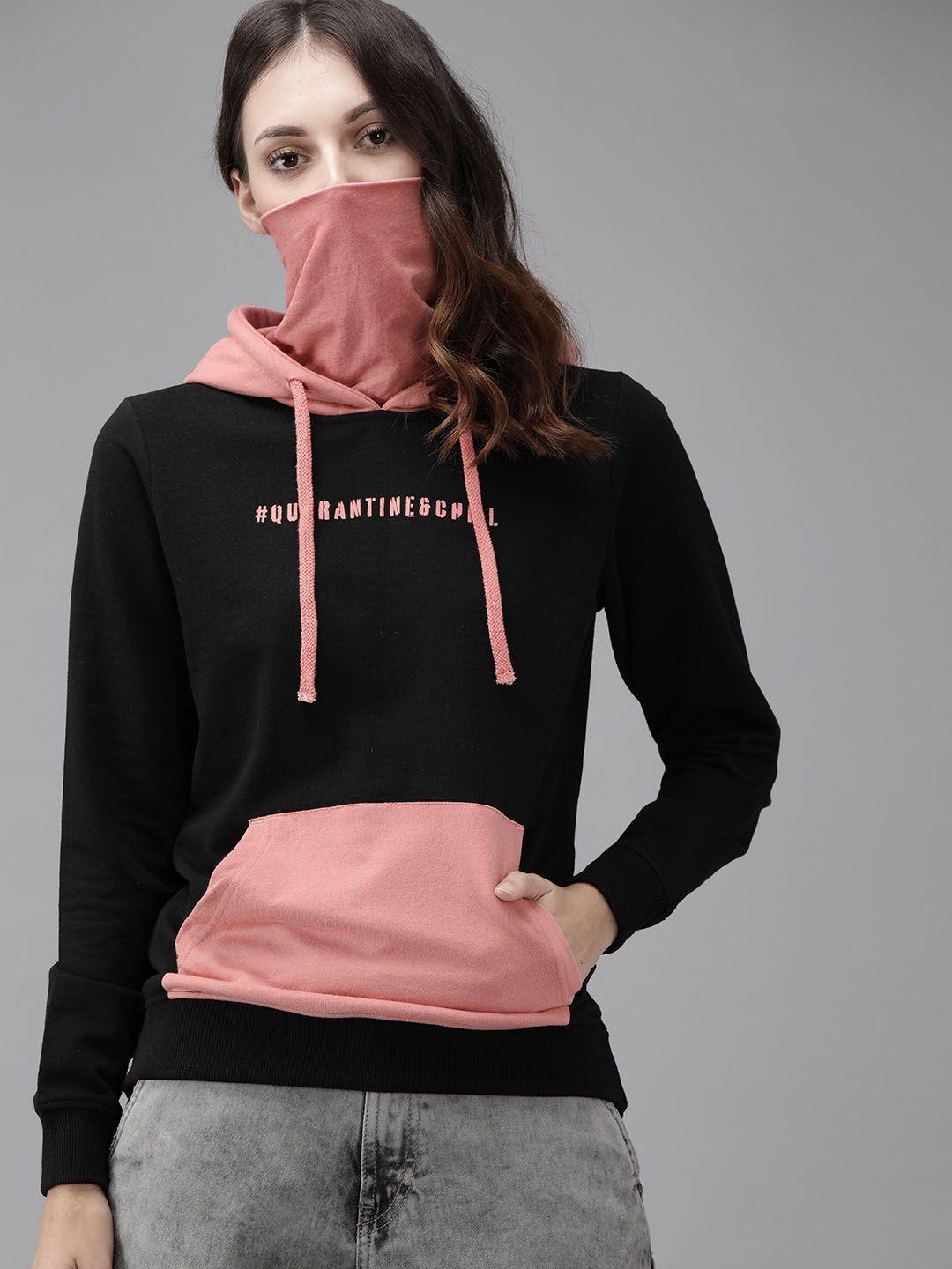 roadster women black  pink printed hooded sweatshirt