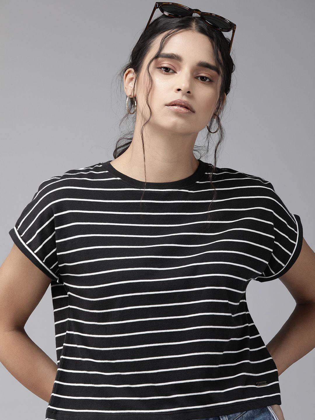 roadster women black  white striped round neck pure cotton t-shirt