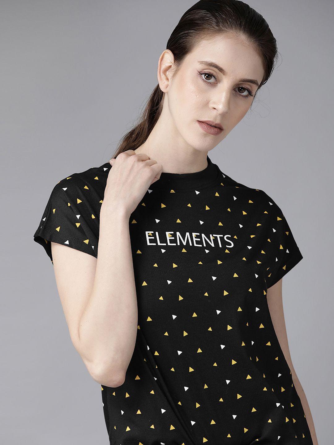 roadster women black  yellow geometric printed round neck pure cotton t-shirt