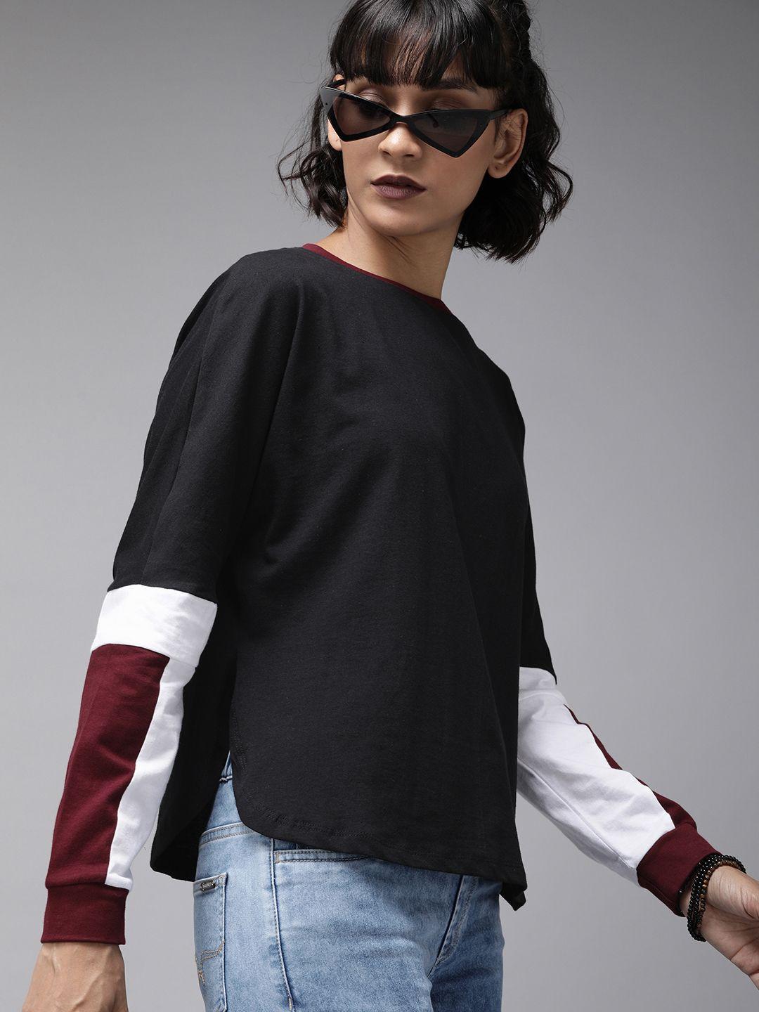 roadster women black colourblocked round neck t-shirt