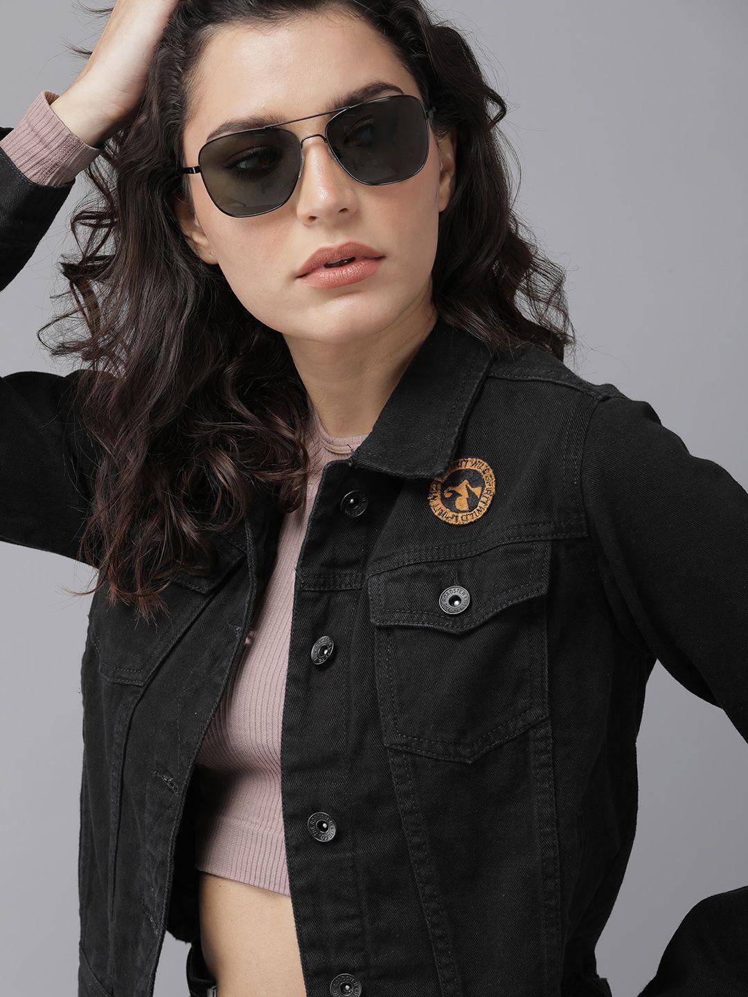 roadster women black crop denim jacket with applique