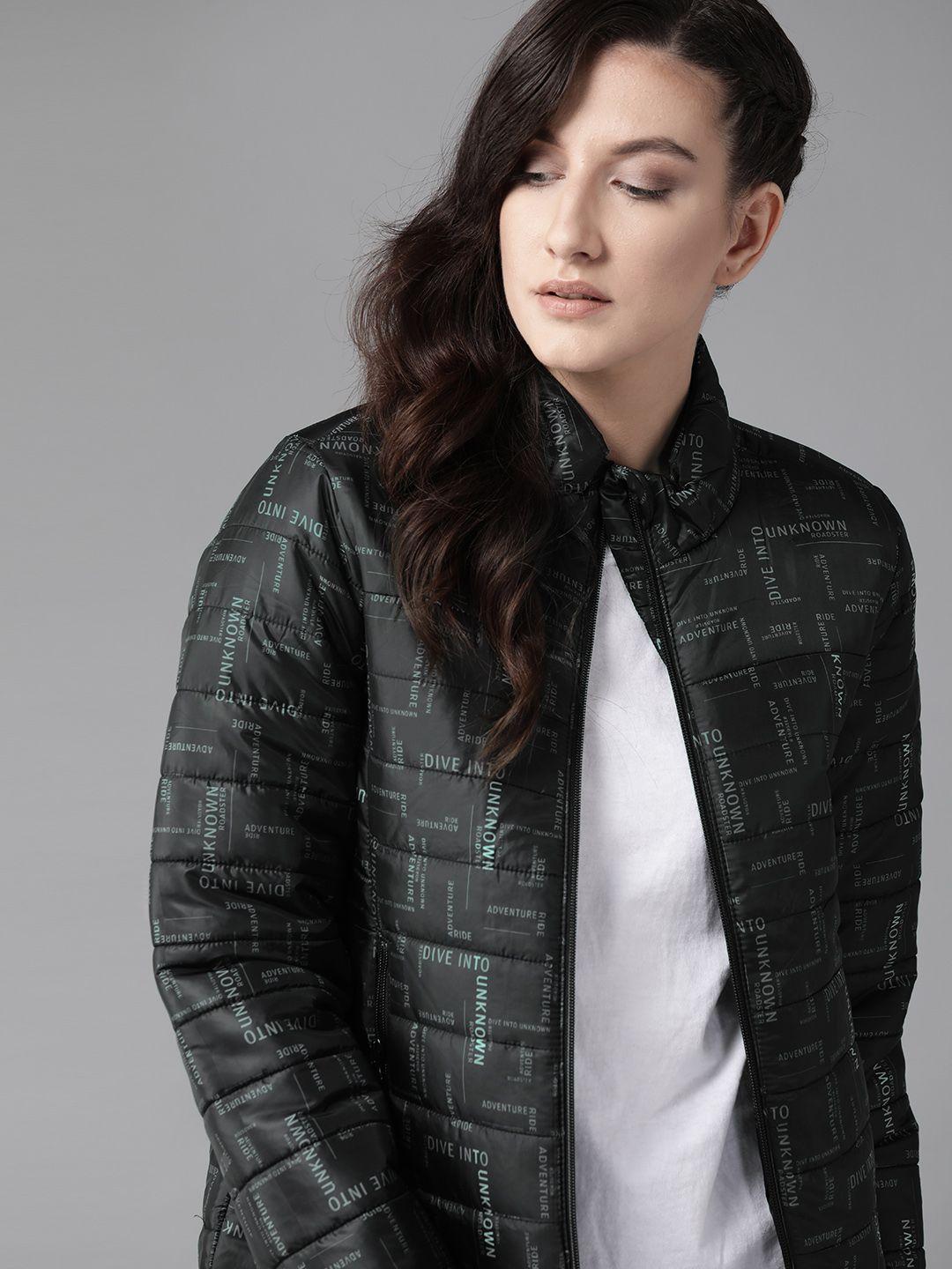 roadster women black printed padded jacket