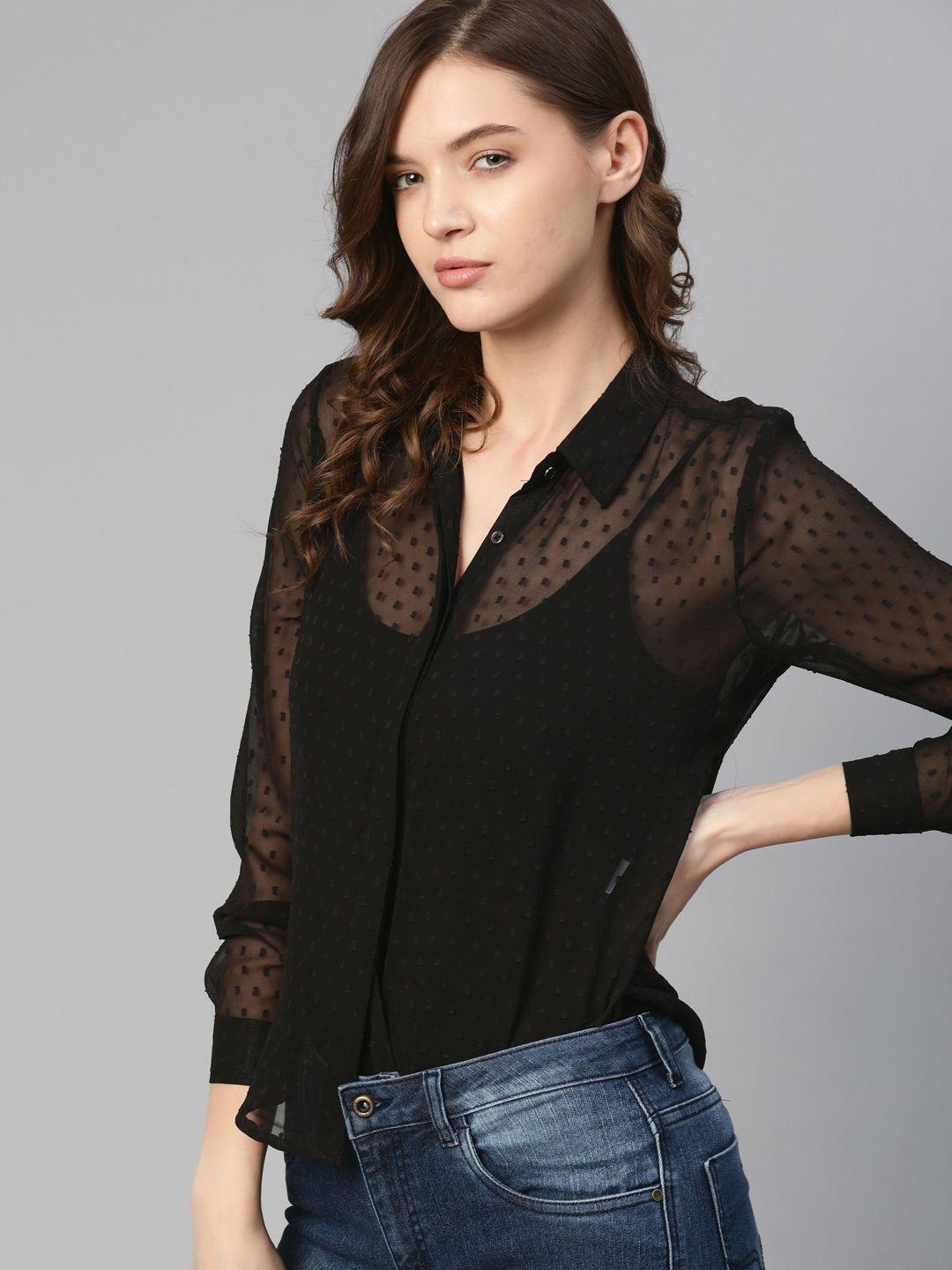 roadster women black sheer casual shirt