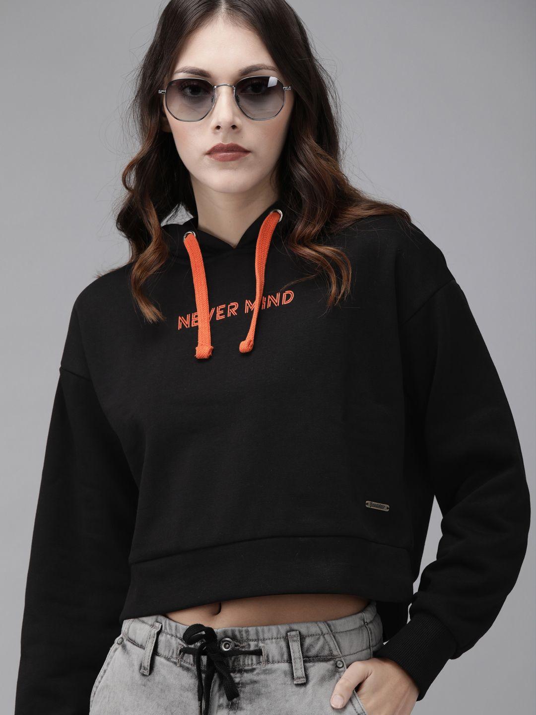 roadster women black solid hooded sweatshirt