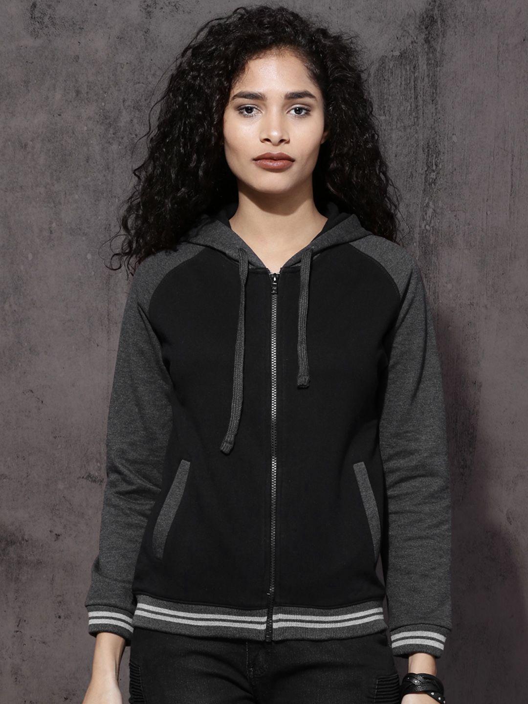 roadster women black solid hooded sweatshirt