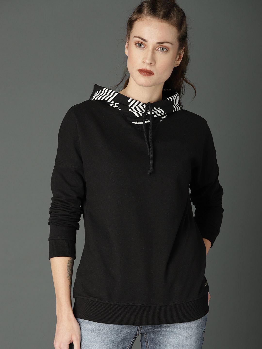 roadster women black solid hooded sweatshirt