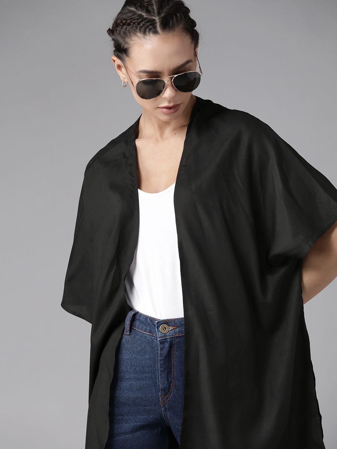 roadster women black solid longline shrug