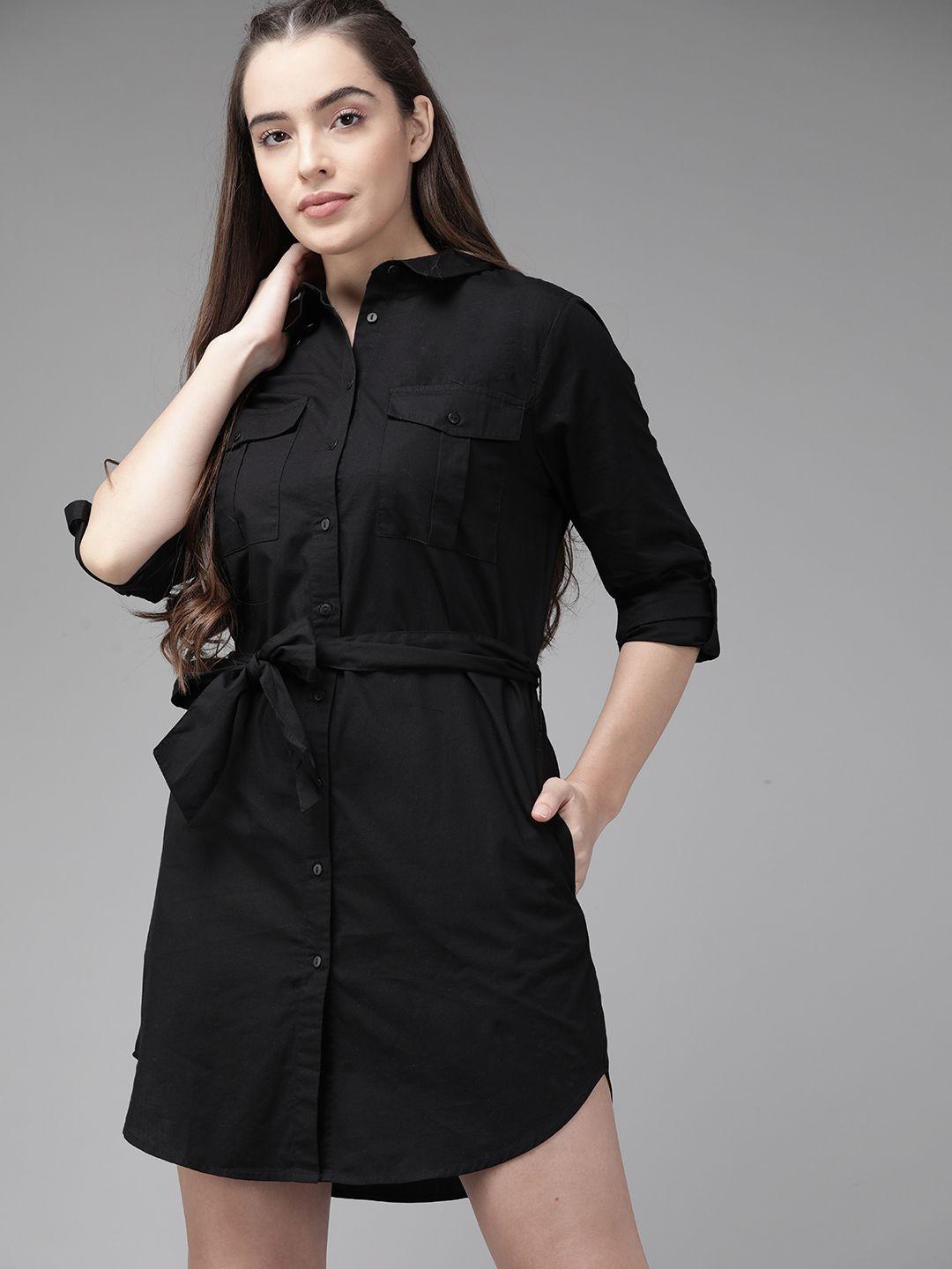 roadster women black solid pure cotton shirt dress