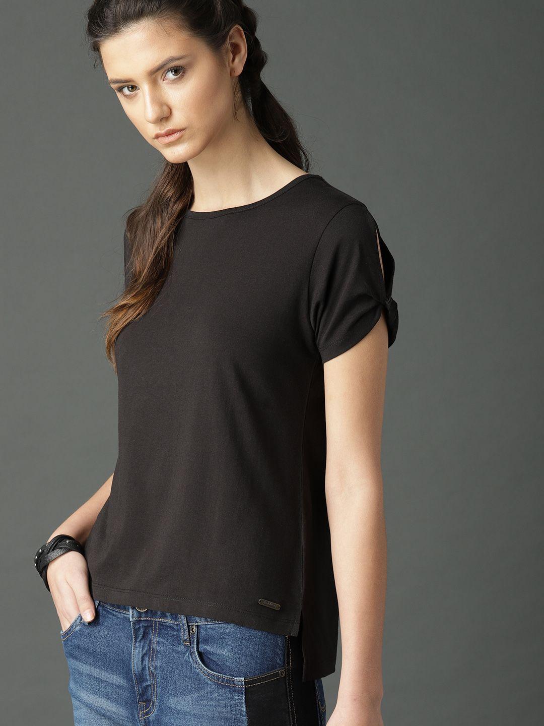 roadster women black solid pure cotton top with sleeve twist