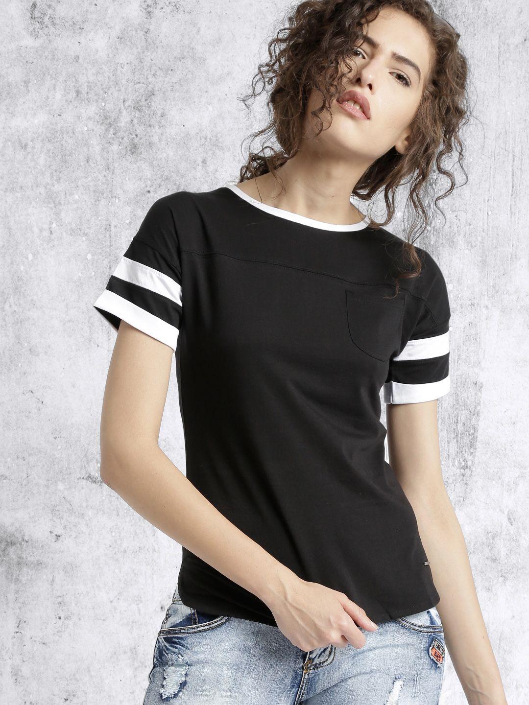 roadster women black solid round neck pure cotton t-shirt