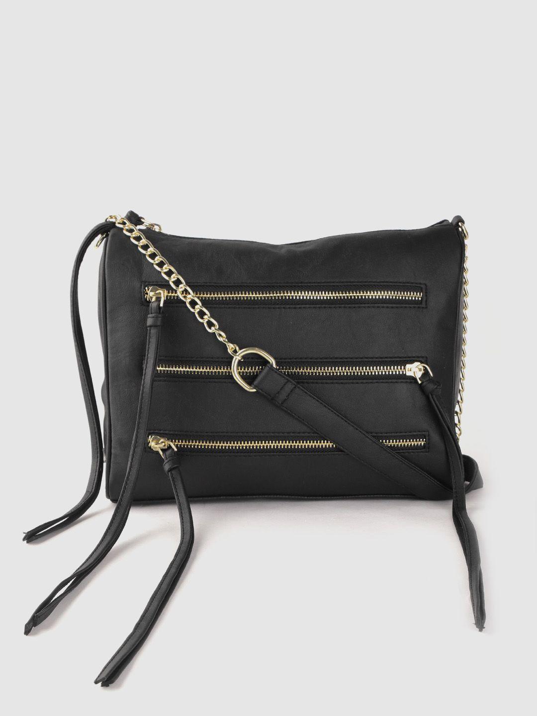 roadster women black solid zip detail tasseled structured sling bag