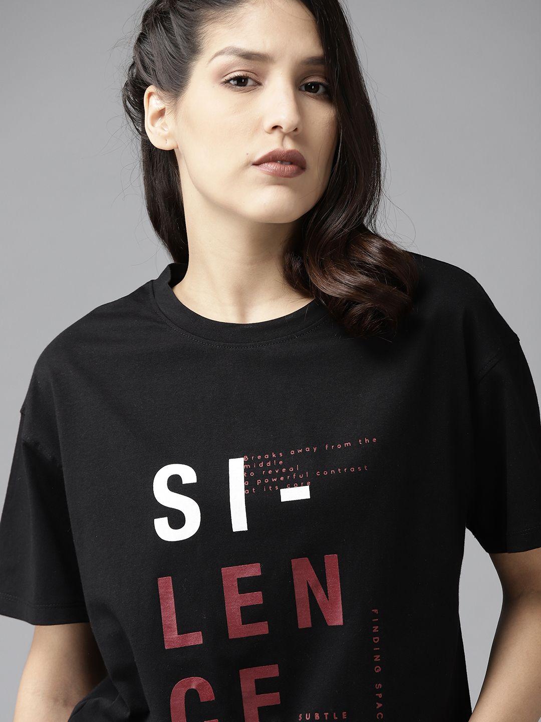 roadster women black typography printed cotton t-shirt