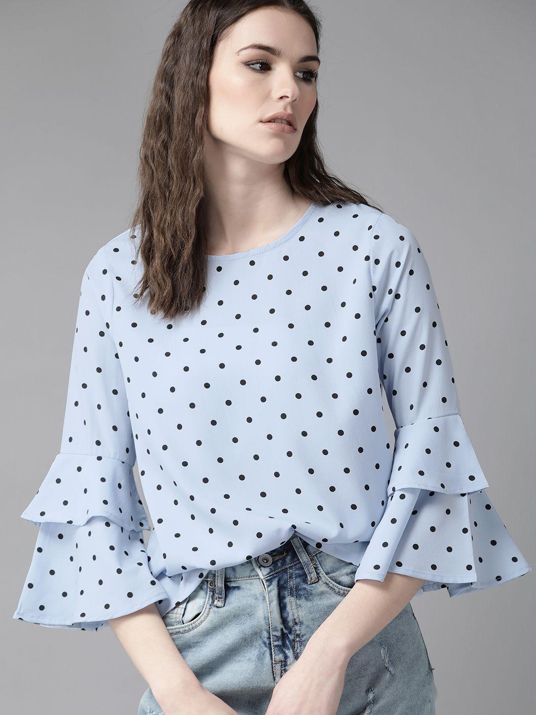 roadster women blue & black polka dot print top