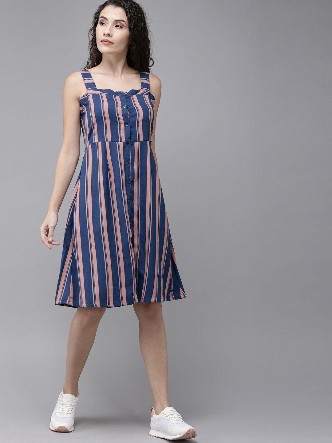 roadster women blue & pink striped fit and flare dress