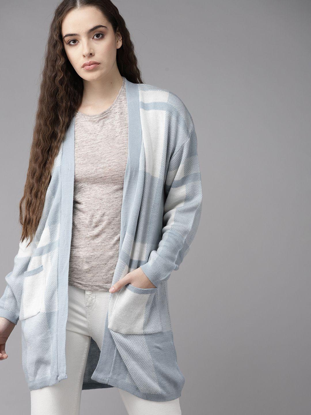 roadster women blue & white geometric self design acrylic longline front-open sweater