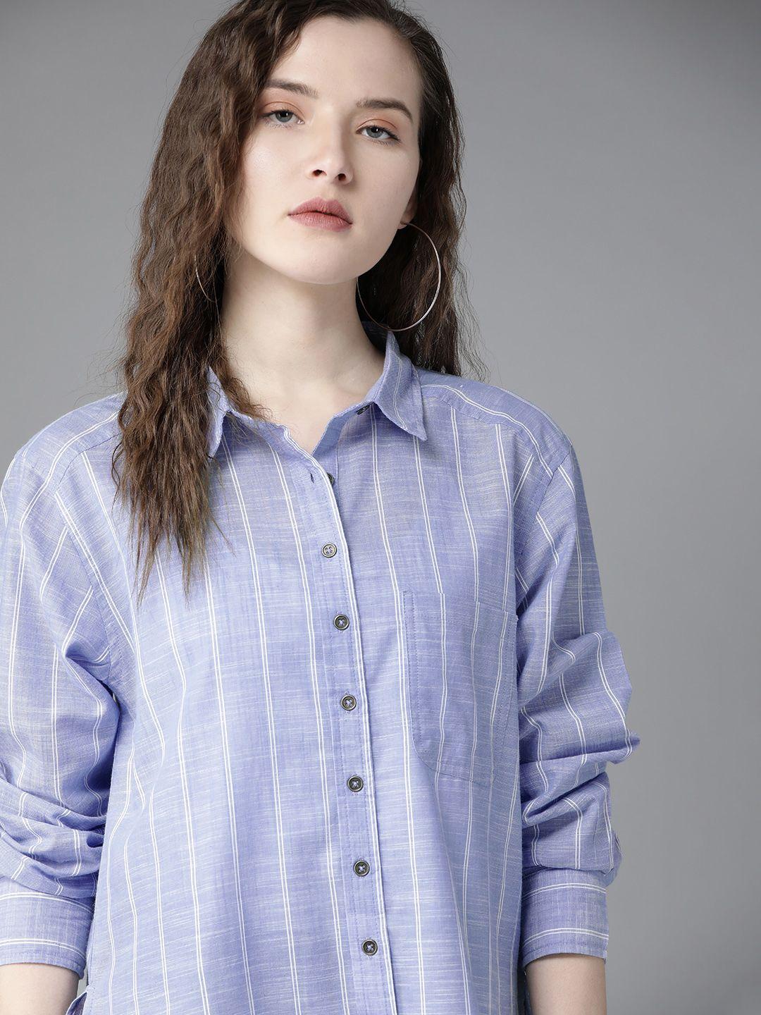 roadster women blue & white regular fit striped casual shirt