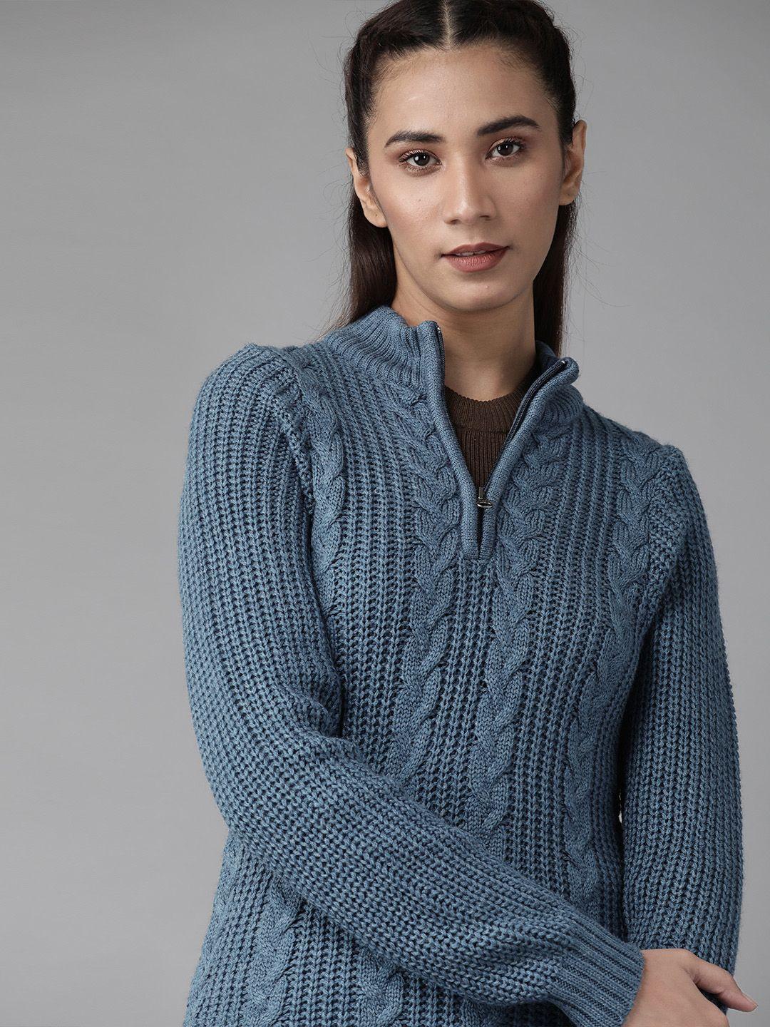 roadster women blue cable knit pullover sweater