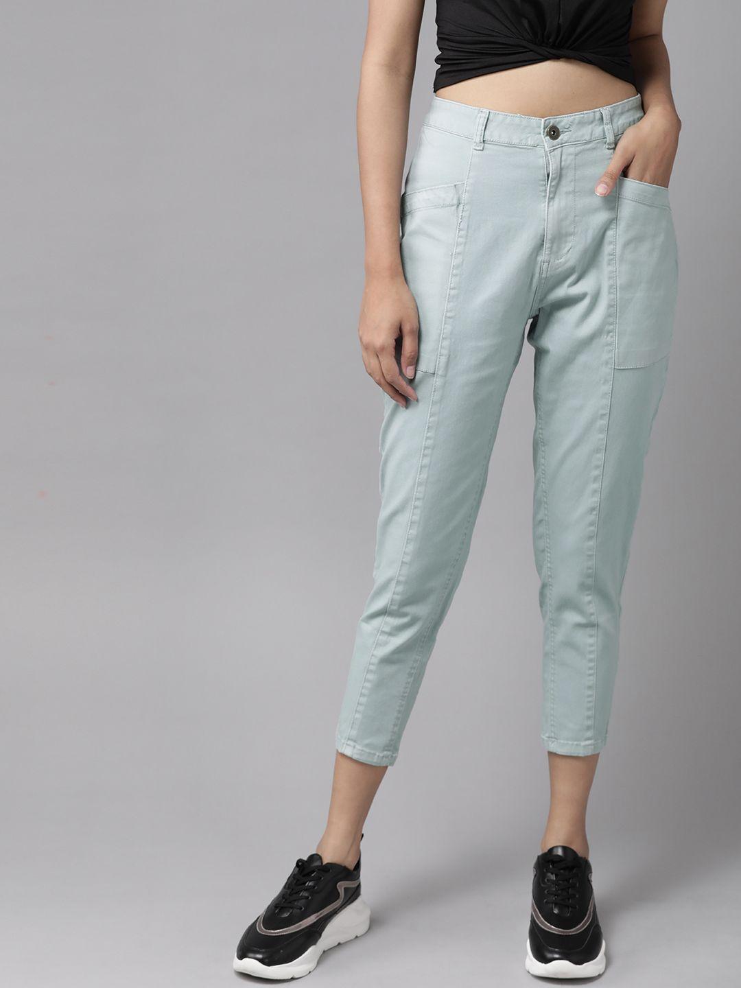 roadster women blue loose fit cropped solid regular trousers