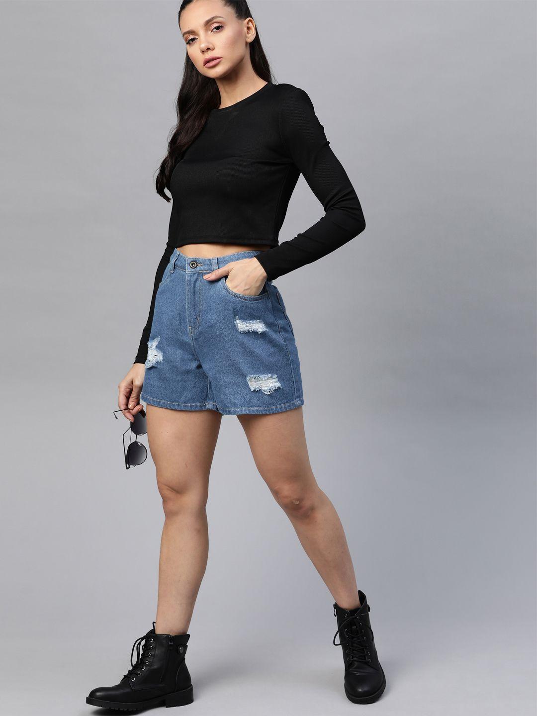 roadster women blue loose fit high-rise denim shorts