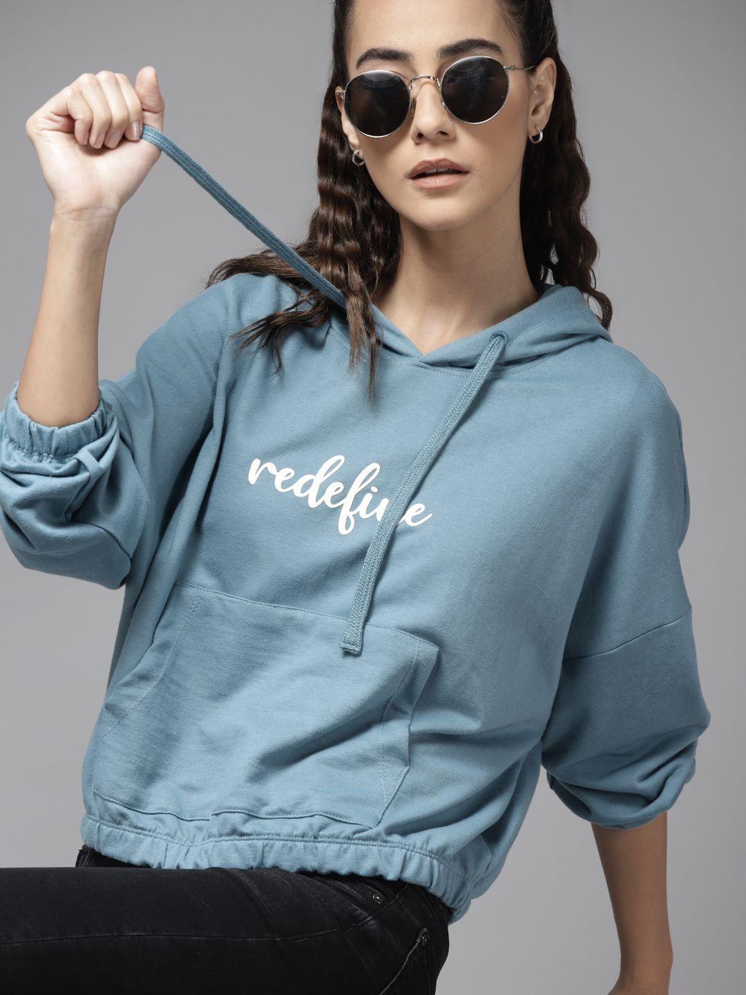 roadster women blue printed hooded sweatshirt