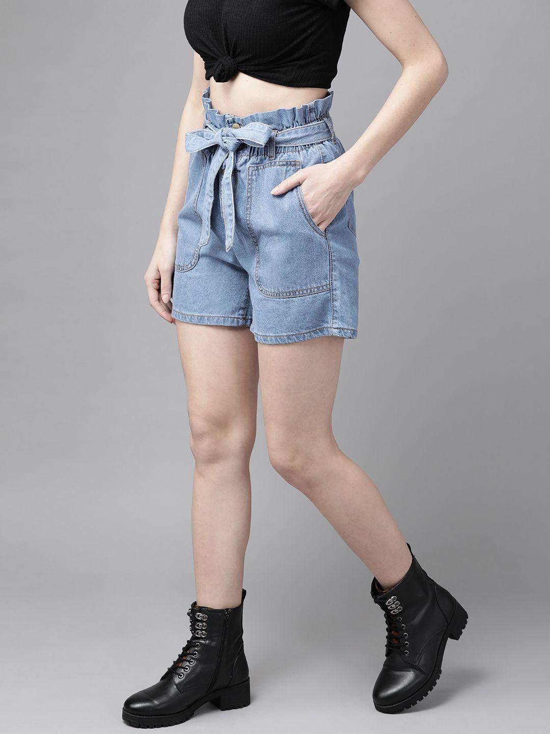 roadster women blue pure cotton high-rise denim shorts with belt