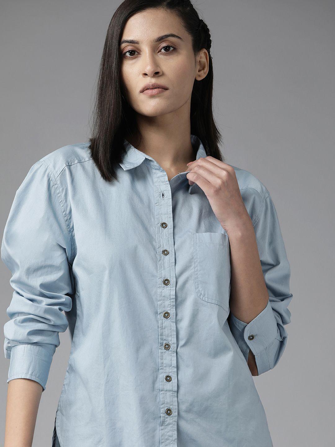 roadster women blue regular fit pure cotton casual shirt