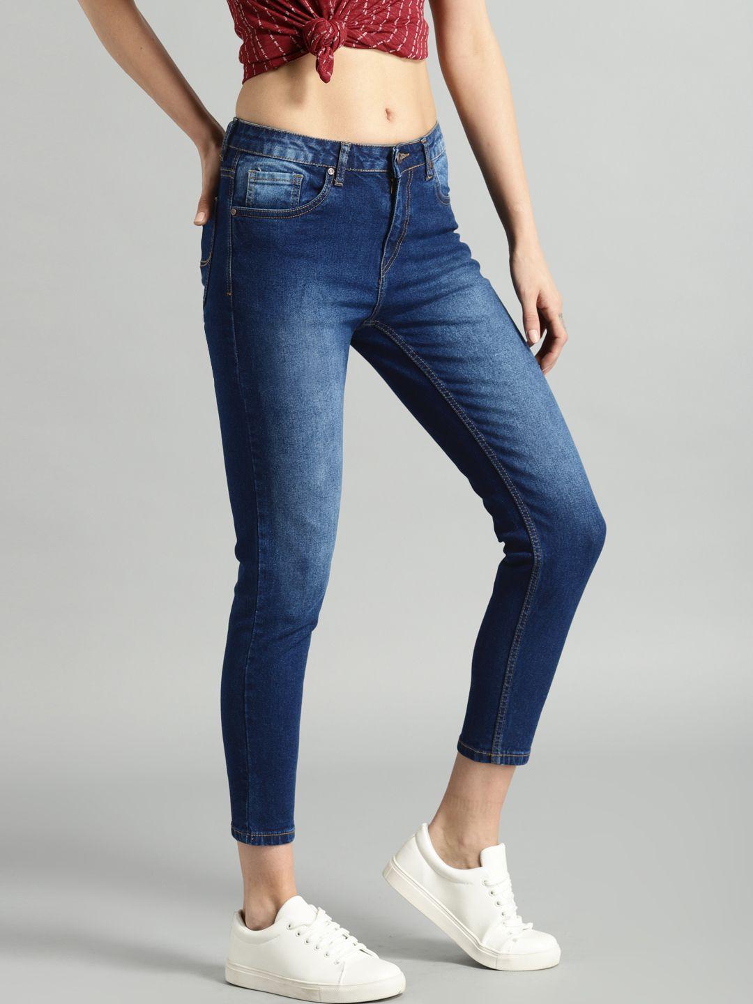 roadster women blue skinny fit mid-rise clean look stretchable cropped jeans