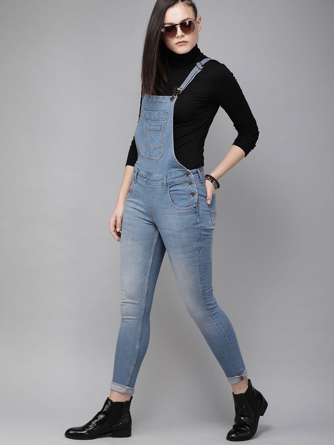 roadster women blue skinny fit washed light fade denim dungarees