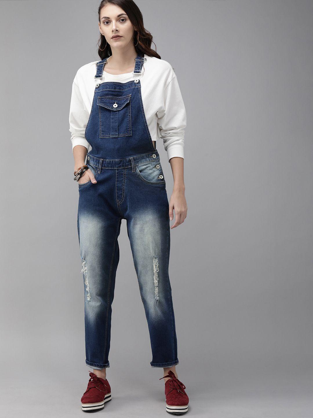 roadster women blue solid boyfriend fit denim dungarees