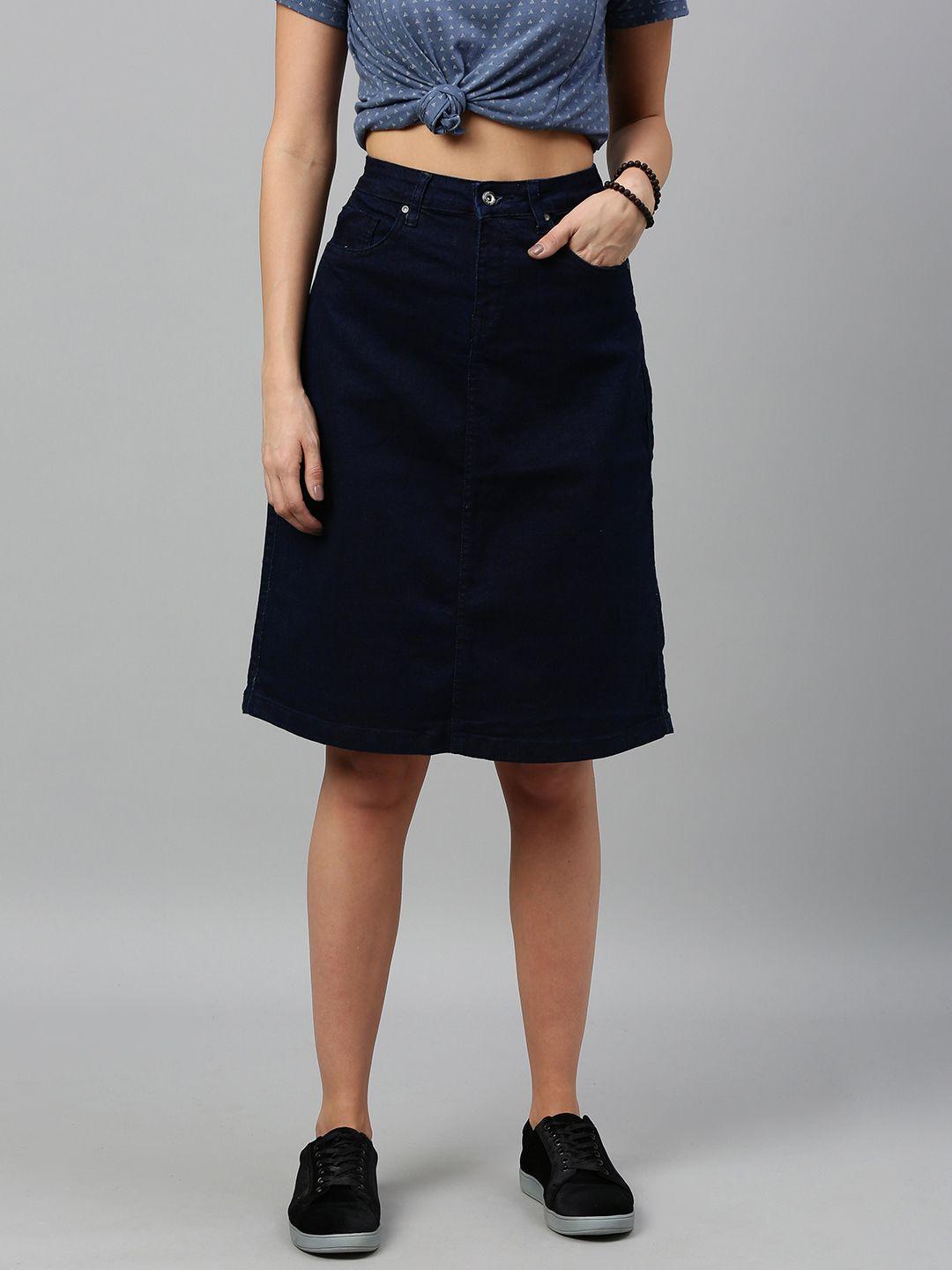 roadster women blue solid denim a-line skirt