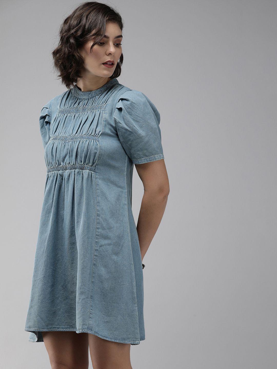 roadster women blue solid denim pure cotton a-line dress