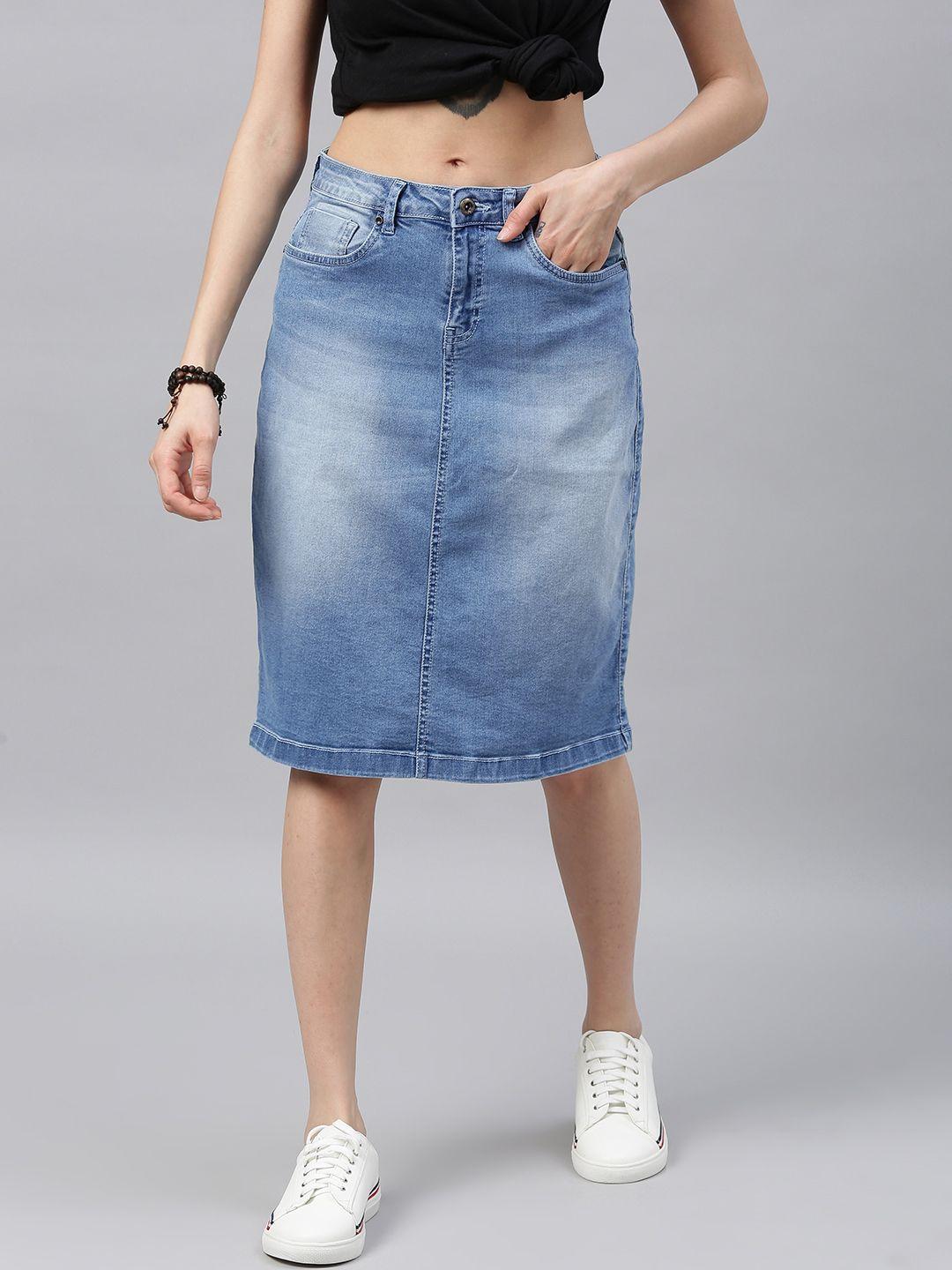 roadster women blue solid light fade denim skirt