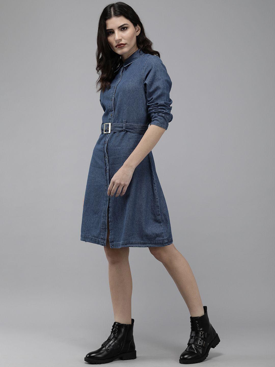 roadster women blue solid pure cotton denim shirt dress