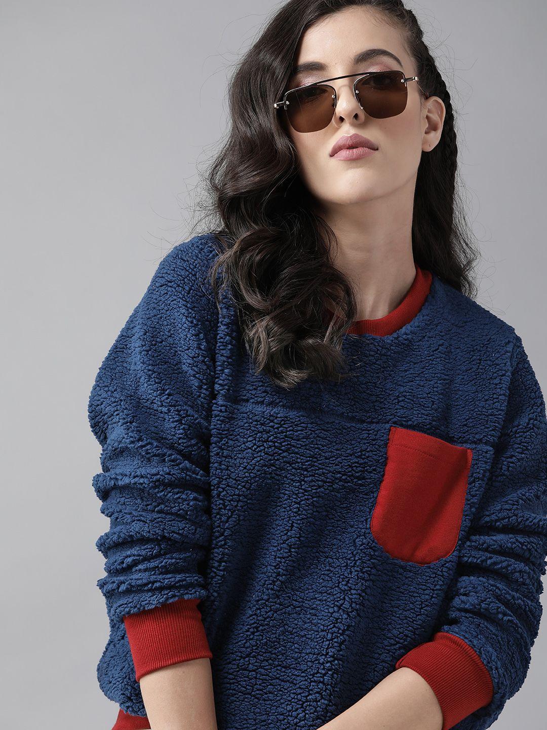 roadster women blue solid sherpa sweatshirt