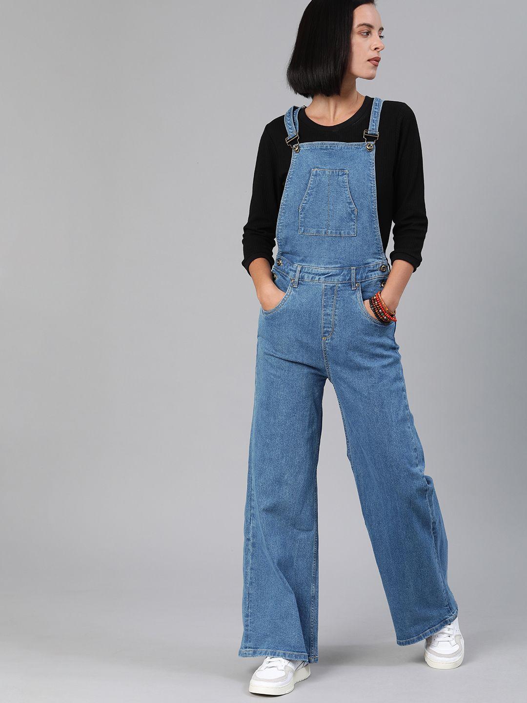 roadster women blue solid wide-leg denim dungarees