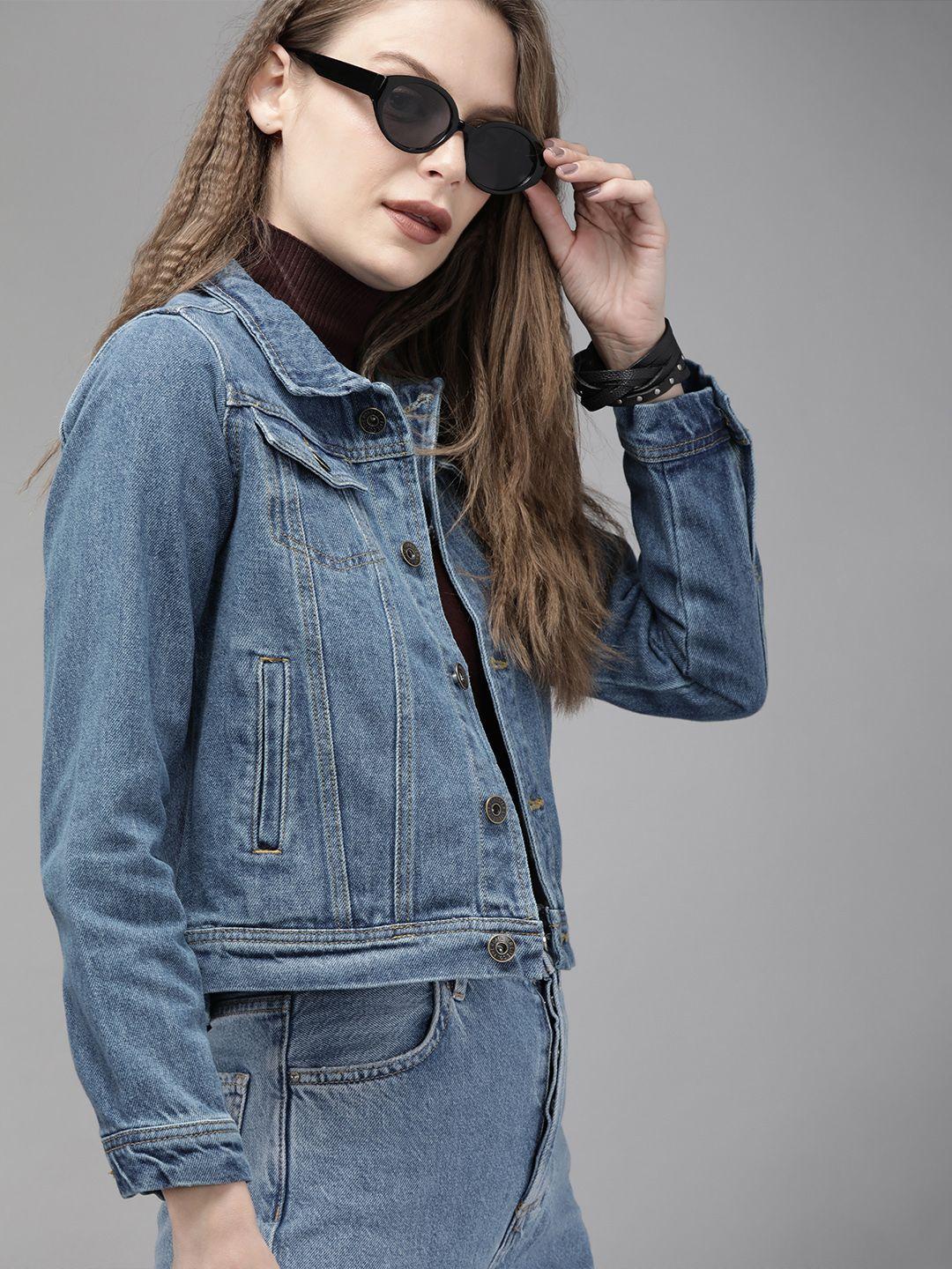 roadster women blue washed antiviral protective finish denim trucker jacket