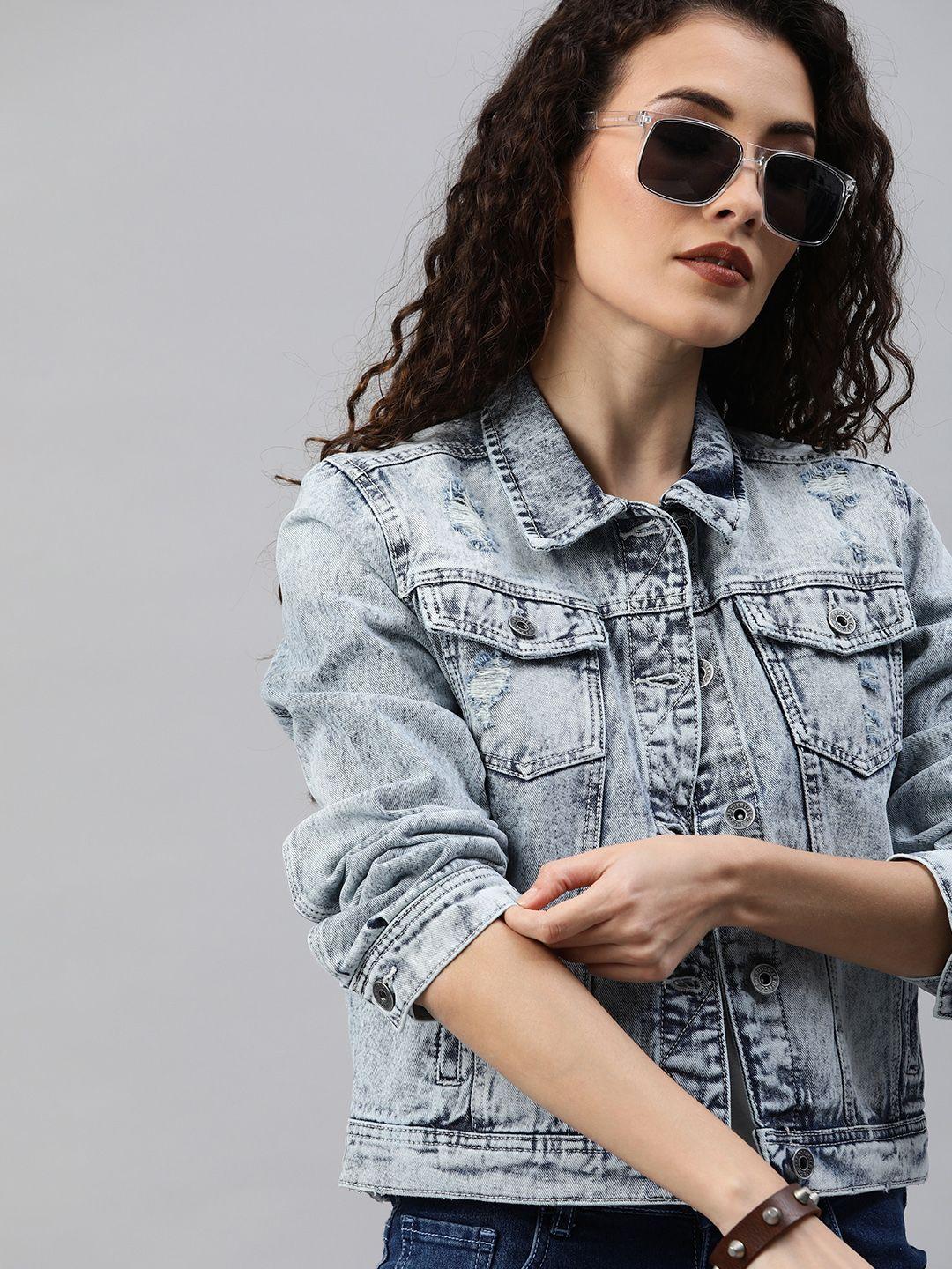 roadster women blue washed crop denim jacket